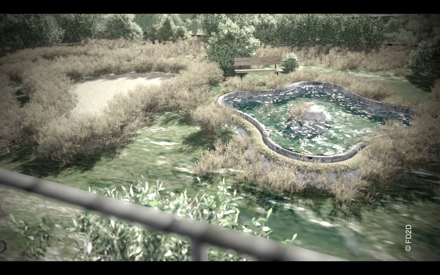 Le jardin à la française et le bassin d'agrément depuis le belvédère, image virtuelle source FD2D